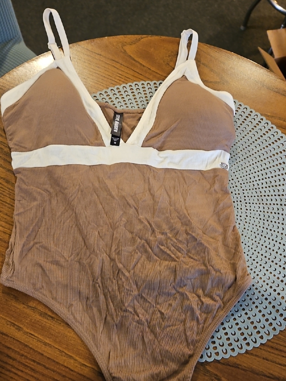 Steve Madden Brown Ribbed Bodysuit with White Trim